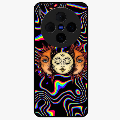 Psychedelic Sun Glass Case showing flat back view with colorful psychedelic sun artwork and glossy glass finish.