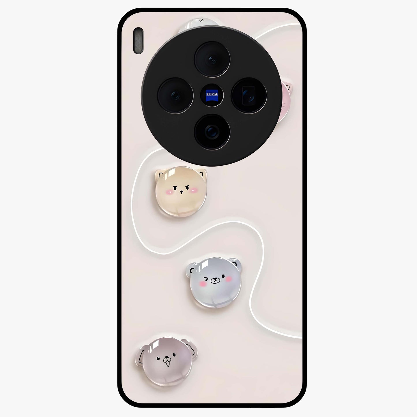 Puffy Face Parade Glass Case showing flat back view with cute puffy character faces artwork and glossy glass finish.