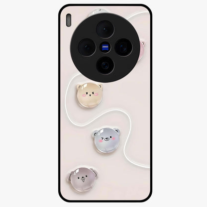 Puffy Face Parade Glass Case showing flat back view with cute puffy character faces artwork and glossy glass finish.
