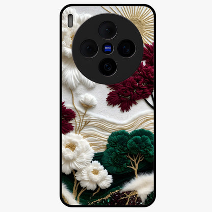 Radiant Bloom Elegance Glass Case showing flat back view with elegant blooming flower artwork and glossy glass finish.