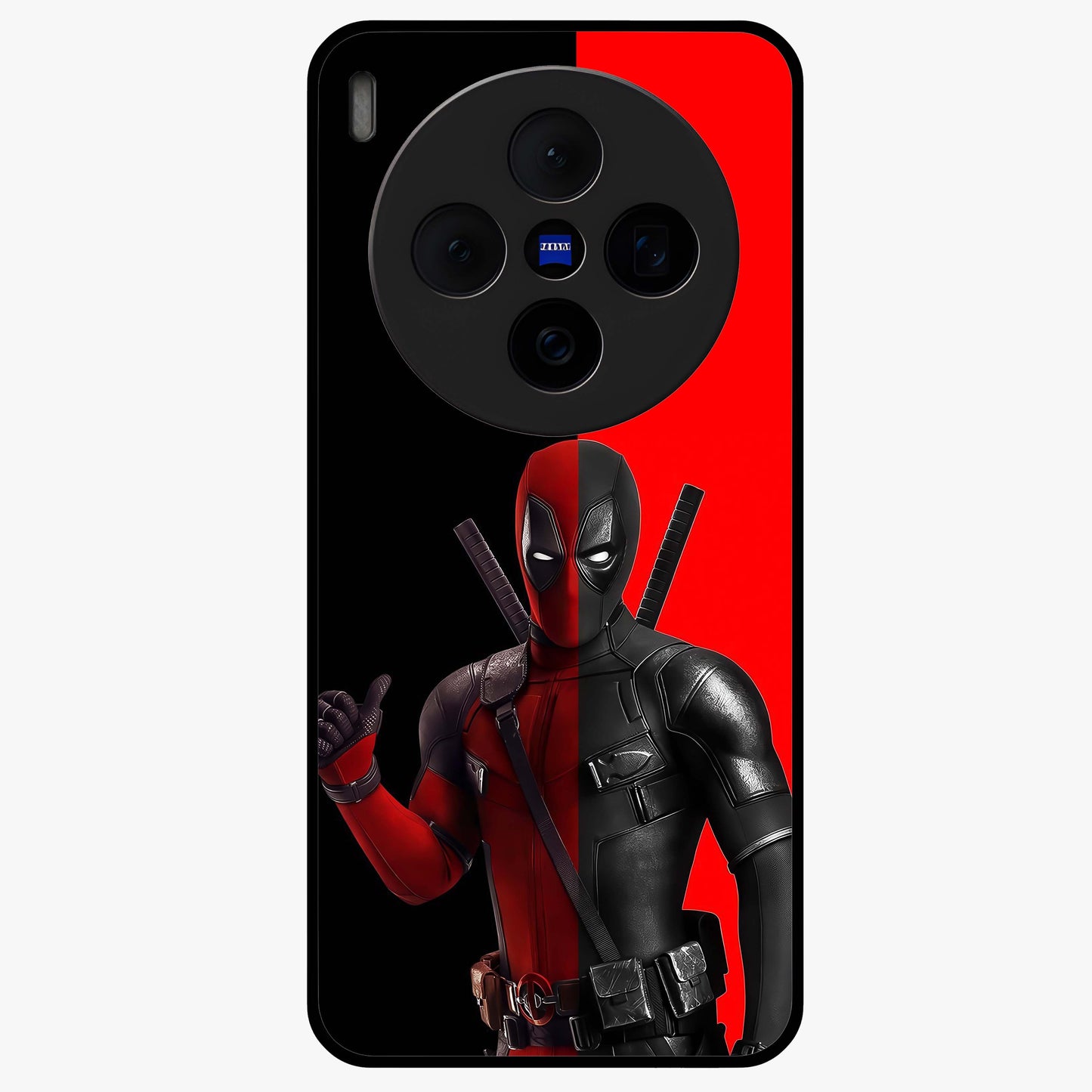Red & Black Deadpool Theme Glass Case showing flat back view with bold comic inspired artwork and glossy glass finish.