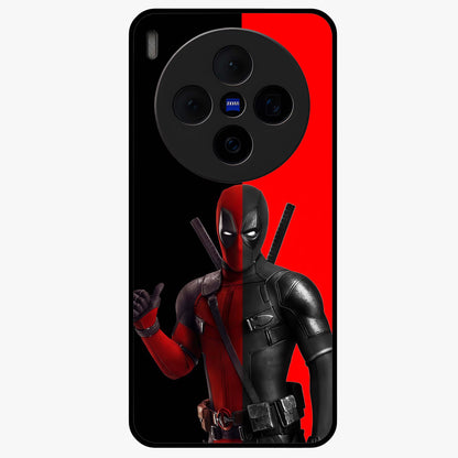 Red & Black Deadpool Theme Glass Case showing flat back view with bold comic inspired artwork and glossy glass finish.