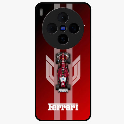 Red Ferrari F1 Vertical Glass Case showing flat back view with sleek Formula racing car artwork and glossy glass finish.