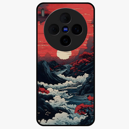 Red Sunset Scenery Glass Case showing flat back view with vibrant sunset landscape artwork and glossy glass finish.