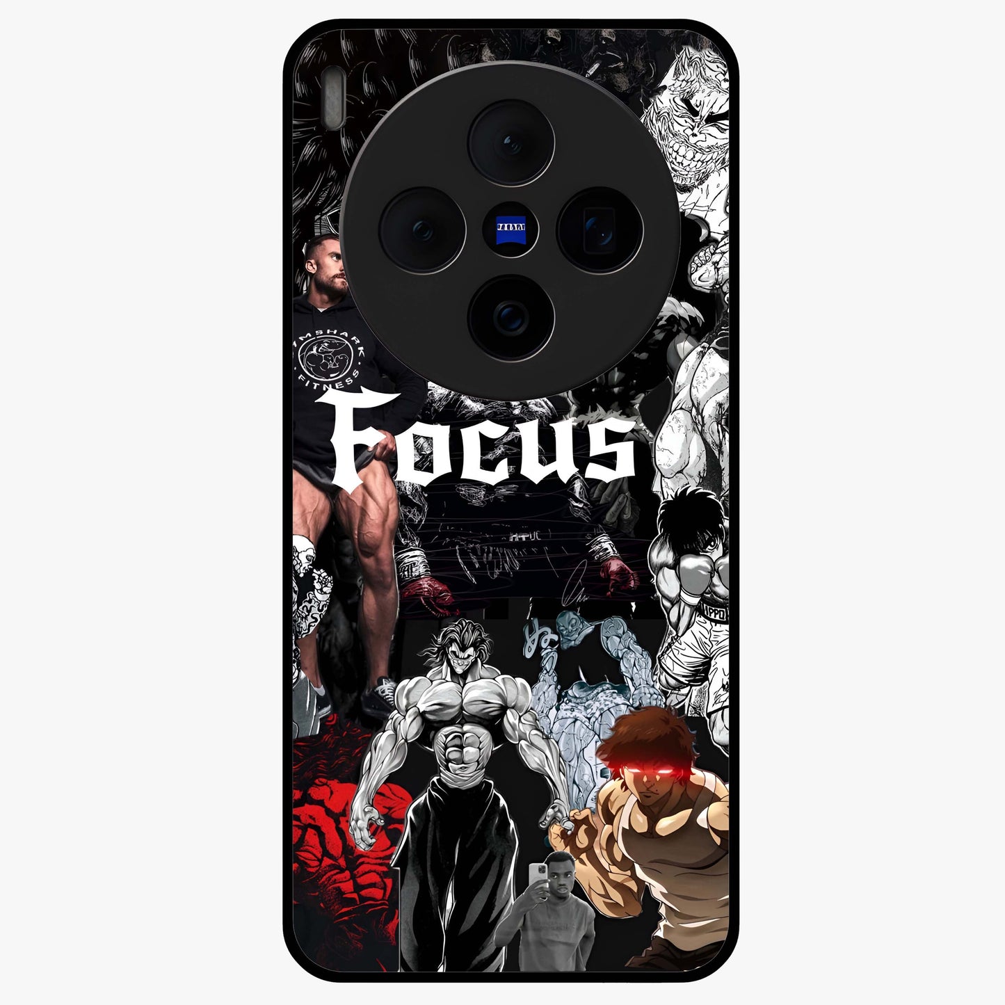 Relentless Power Focus Glass Case showing flat back view with motivational typography artwork and glossy glass finish.
