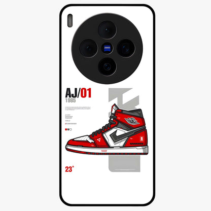 Retro Sneaker Blueprint Glass Case showing flat back view with sneaker blueprint style artwork and glossy glass finish.