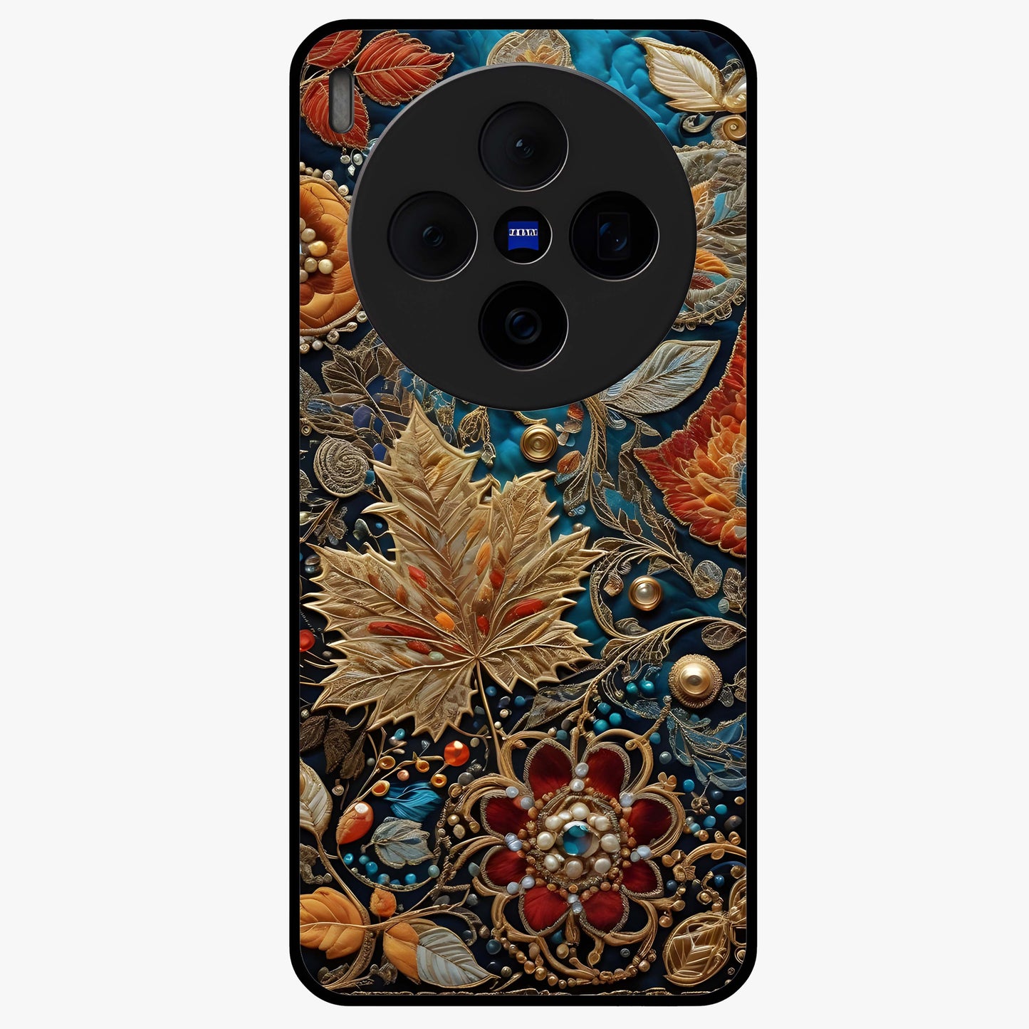 Royal Jewel Garden Glass Case showing flat back view with decorative floral garden artwork and glossy glass finish.