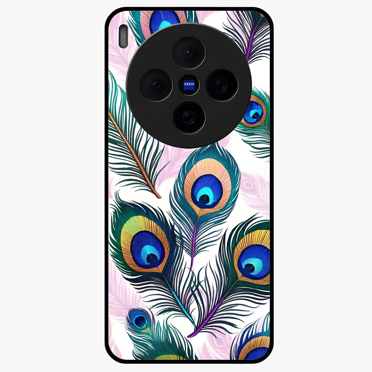 Royal Peacock Feathers Glass Case showing flat back view with colorful peacock feather artwork and glossy glass finish.