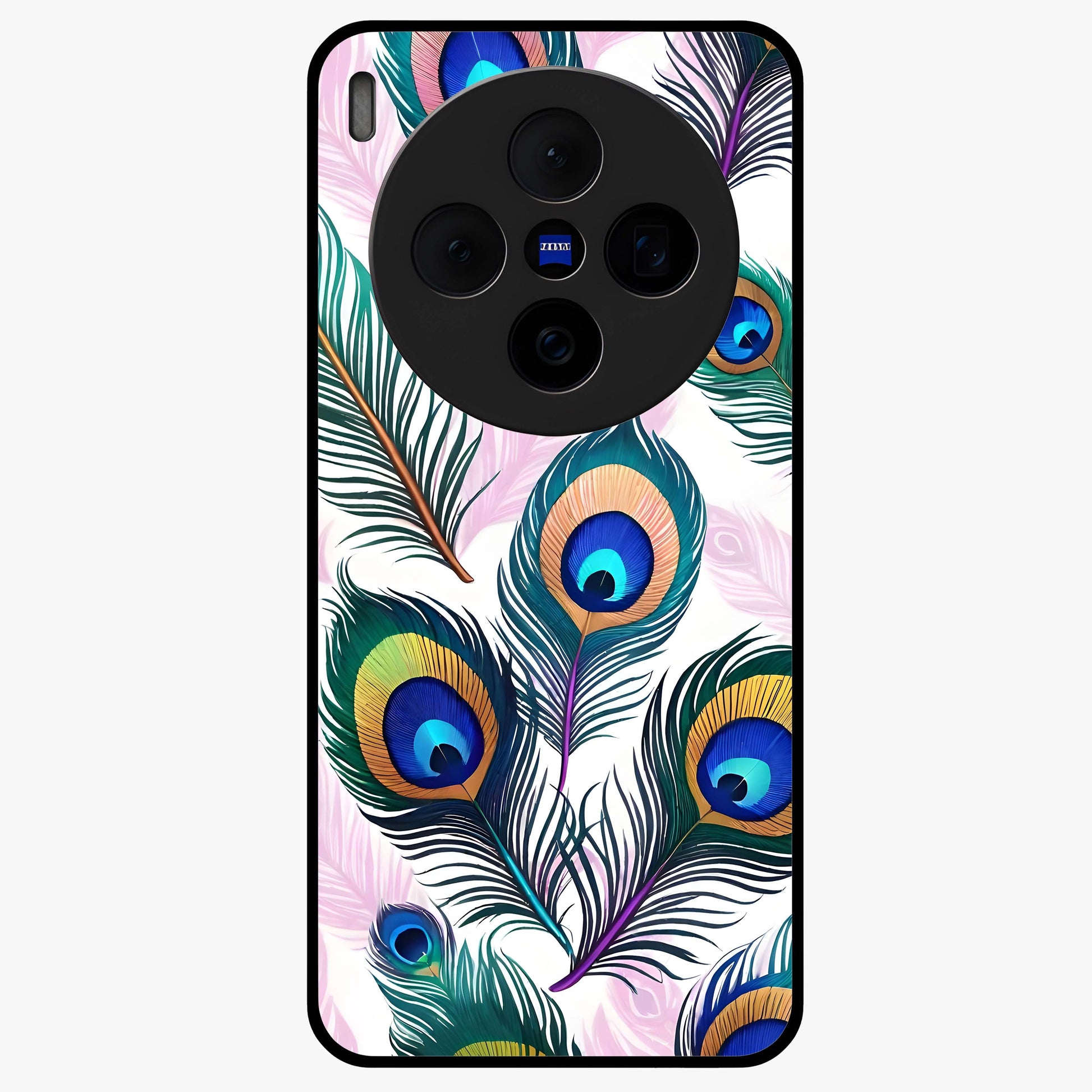 Royal Peacock Feathers Glass Case showing flat back view with colorful peacock feather artwork and glossy glass finish.