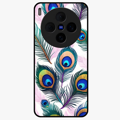 Royal Peacock Feathers Glass Case showing flat back view with colorful peacock feather artwork and glossy glass finish.