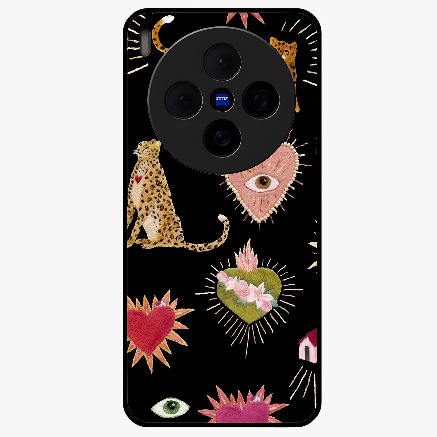 Sacred Jungle Heart Glass Case showing flat back view with jungle inspired heart artwork and glossy glass finish.