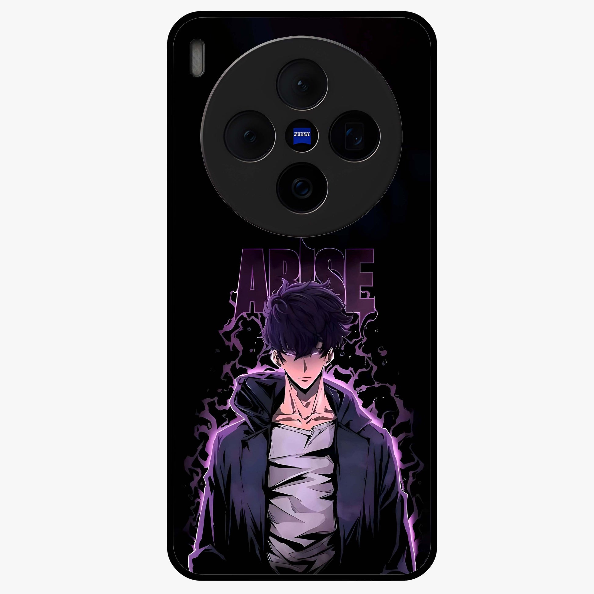Shadow Monarch Awakening Glass Case showing flat back view with powerful dark monarch themed artwork and glossy glass finish.