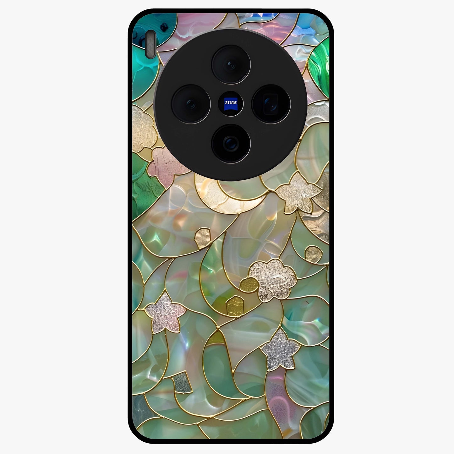 Stained Sunrise Glow Glass Case showing flat back view with glowing sunrise stained pattern artwork and glossy glass finish.