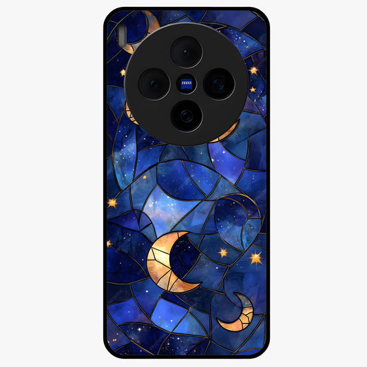 Starlit Sky Tapestry Glass Case showing flat back view with decorative starry sky tapestry artwork and glossy glass finish.