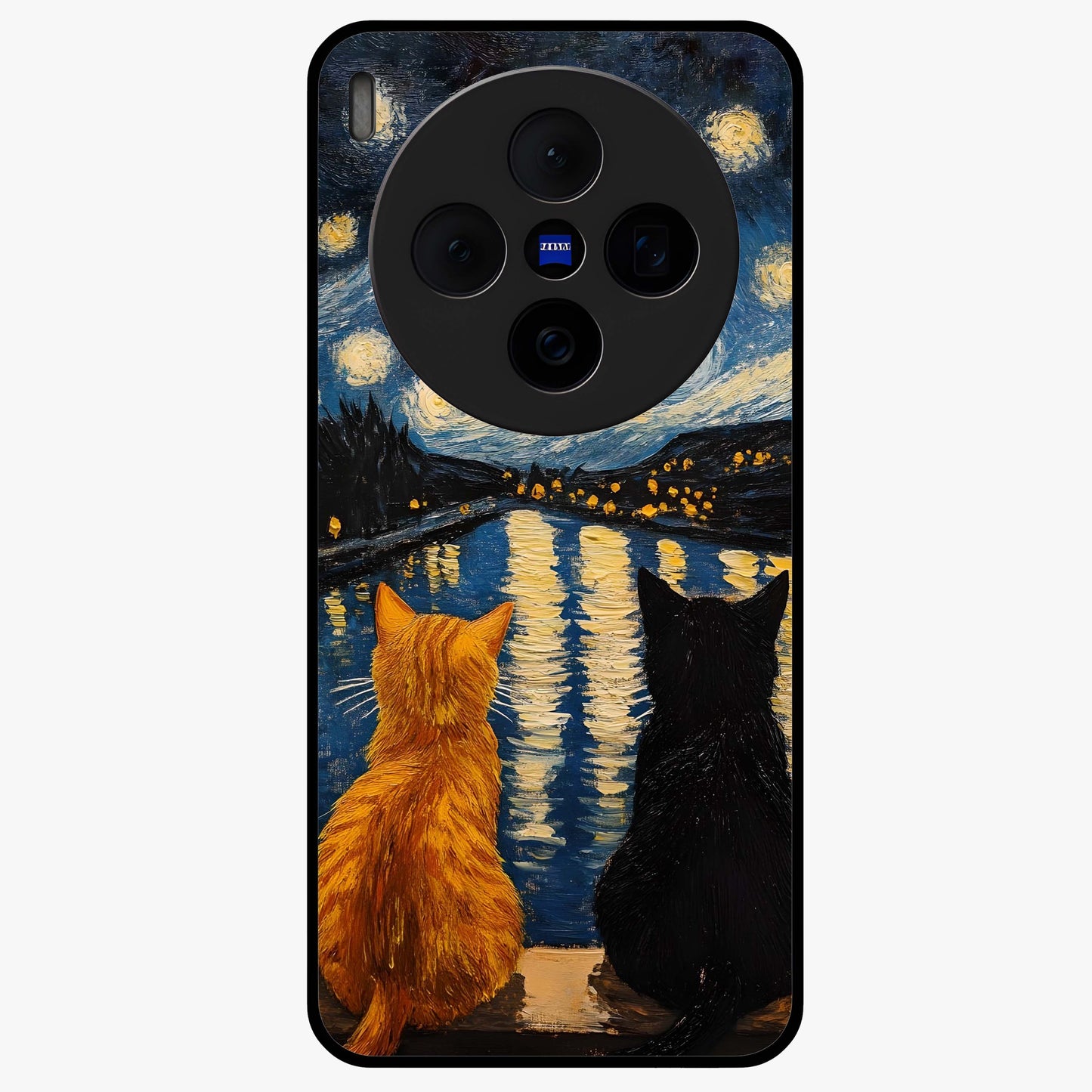 Starry River Cats Glass Case showing flat back view with cats by a starry river artwork and glossy glass finish.