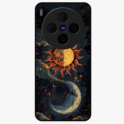Sun And Moon Magic Design Glass Case showing flat back view with mystical sun and moon artwork and glossy glass finish.