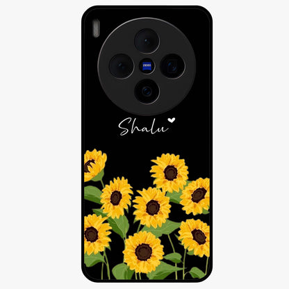 Sunflower Chic Mood Custom Name Glass Case showing flat back view with stylish sunflower artwork and personalized name design.