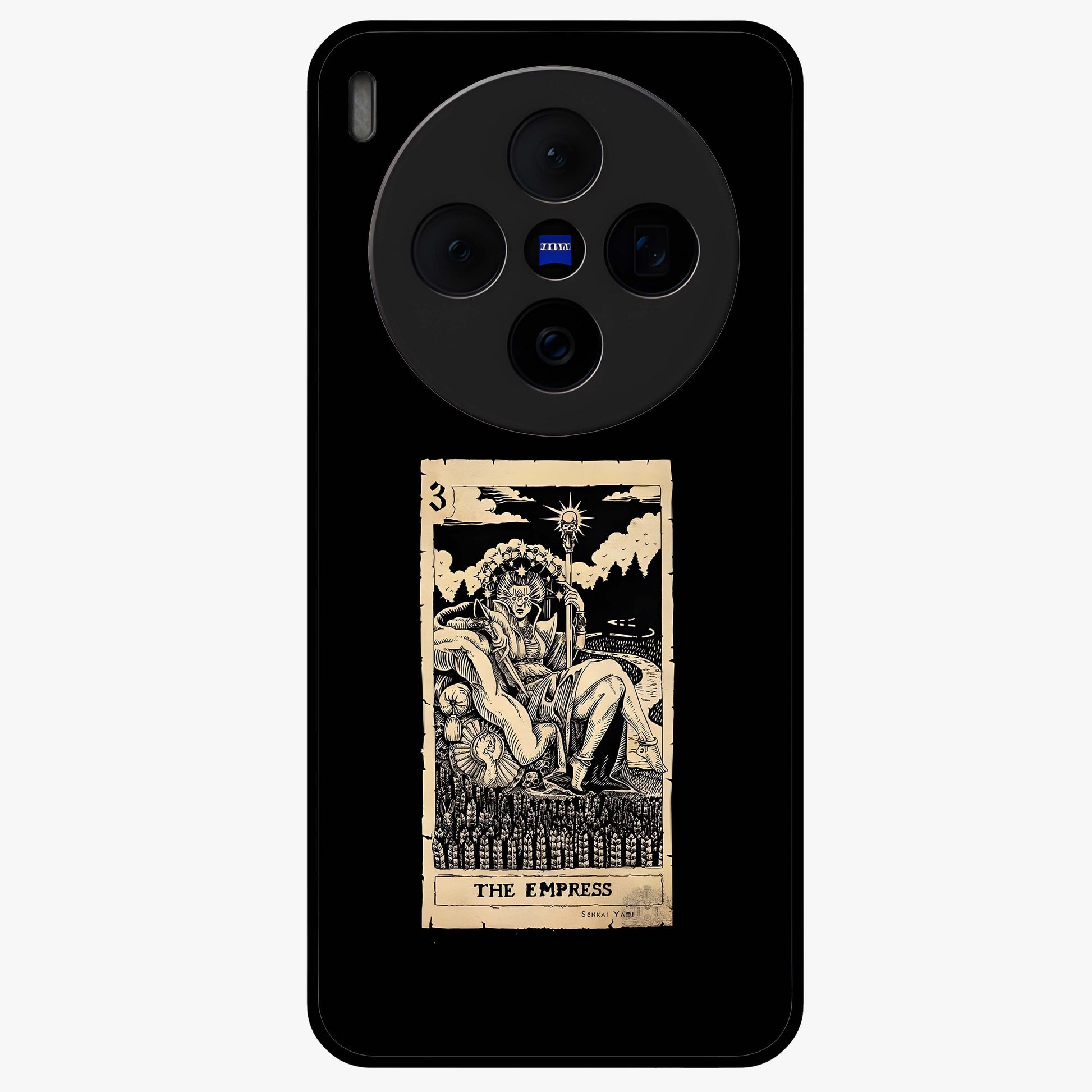 The Empress Glass Case showing flat back view with regal feminine artwork and glossy glass finish.