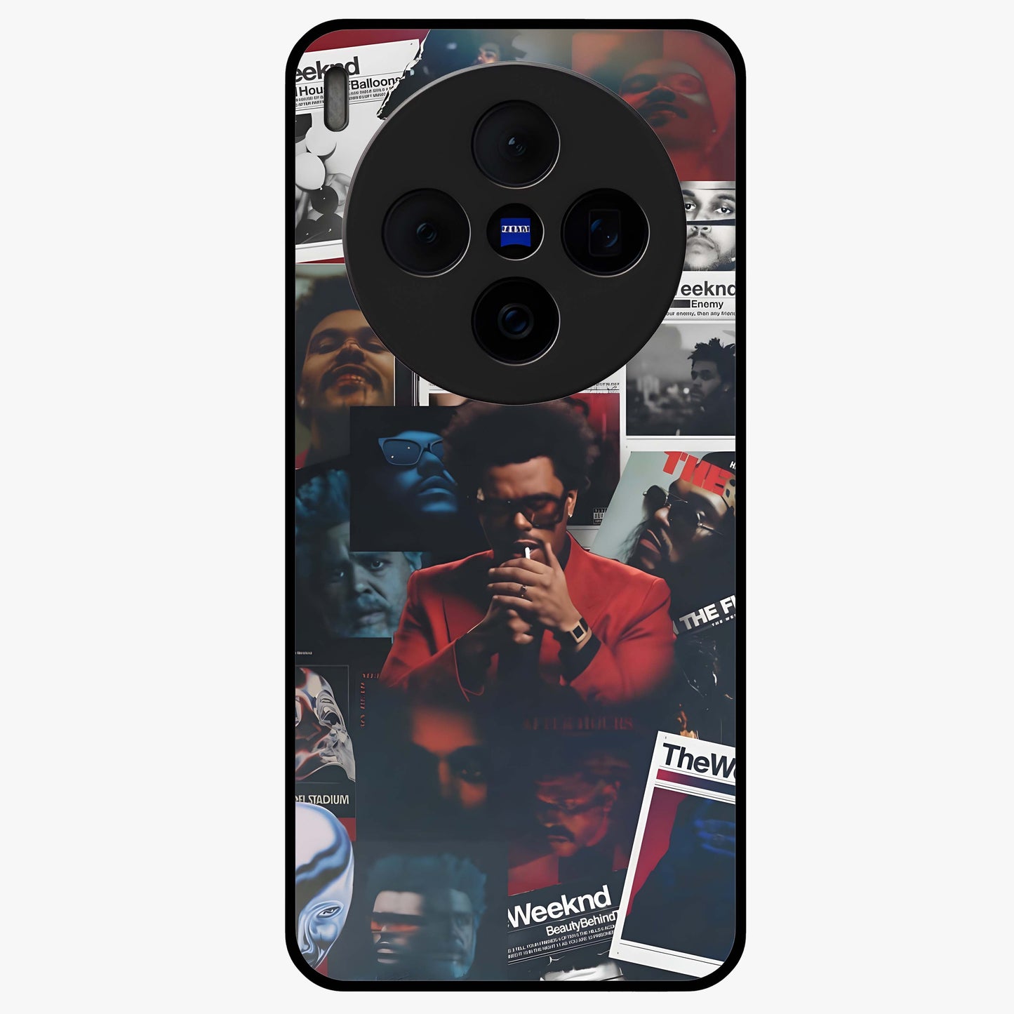 The Weeknd Glass Case showing flat back view with music inspired artistic portrait artwork and glossy glass finish.