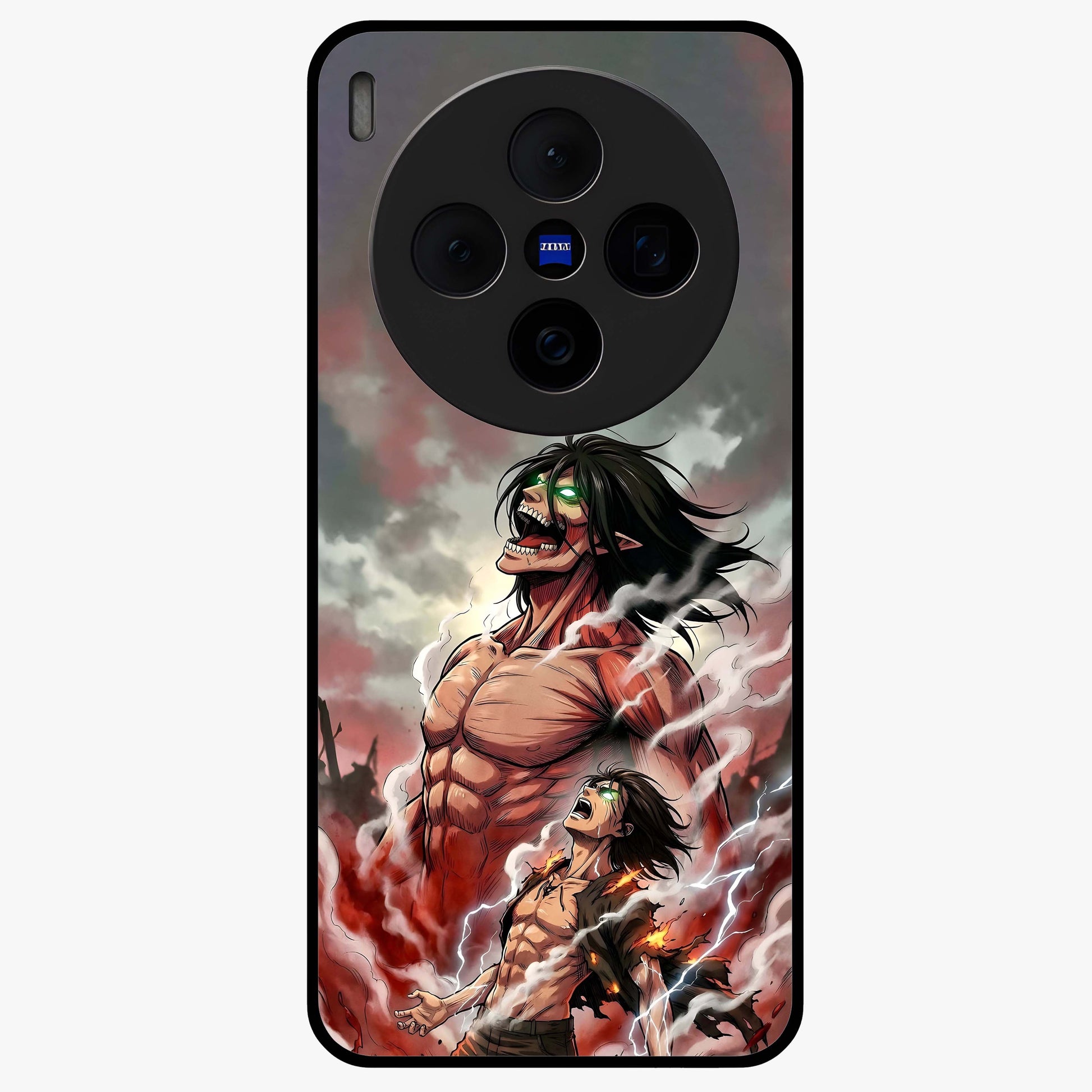 Titan Awakening Fury Glass Case showing flat back view with powerful titan inspired artwork and glossy glass finish.