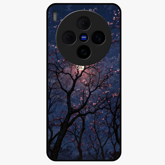 Twilight Sakura Serenade Glass Case showing flat back view with cherry blossom artwork at twilight and glossy glass finish.