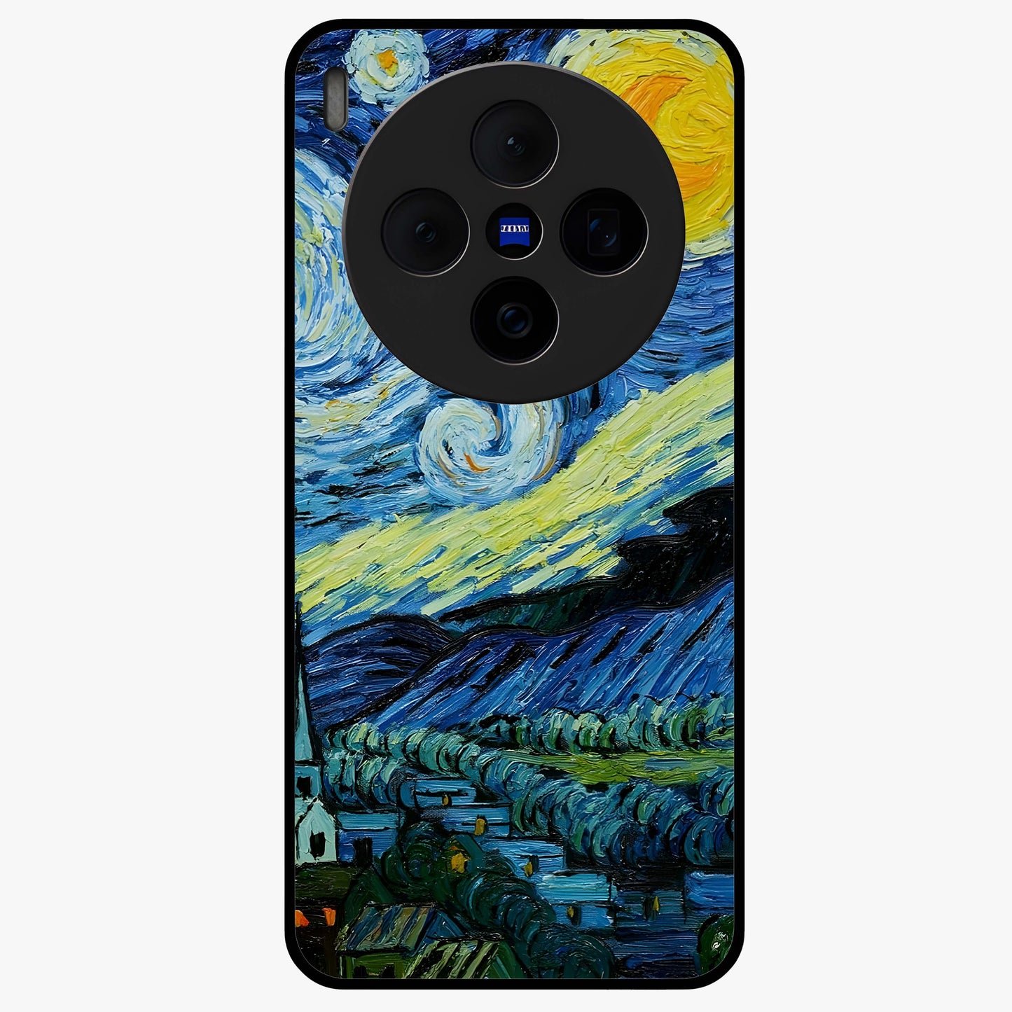 Van Gogh Art Glass Case showing flat back view with classic painterly artwork inspired by Van Gogh style and glossy glass finish.