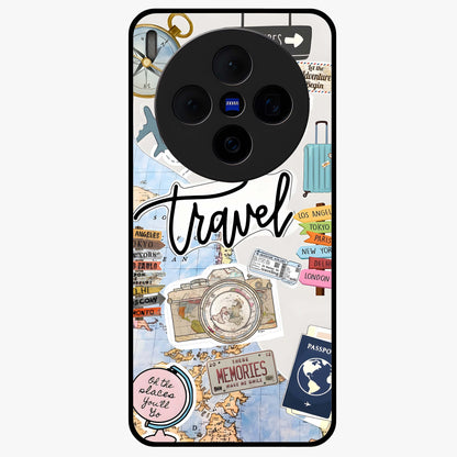 Wanderlust Journal Glass Case showing flat back view with travel inspired artwork and glossy glass finish.