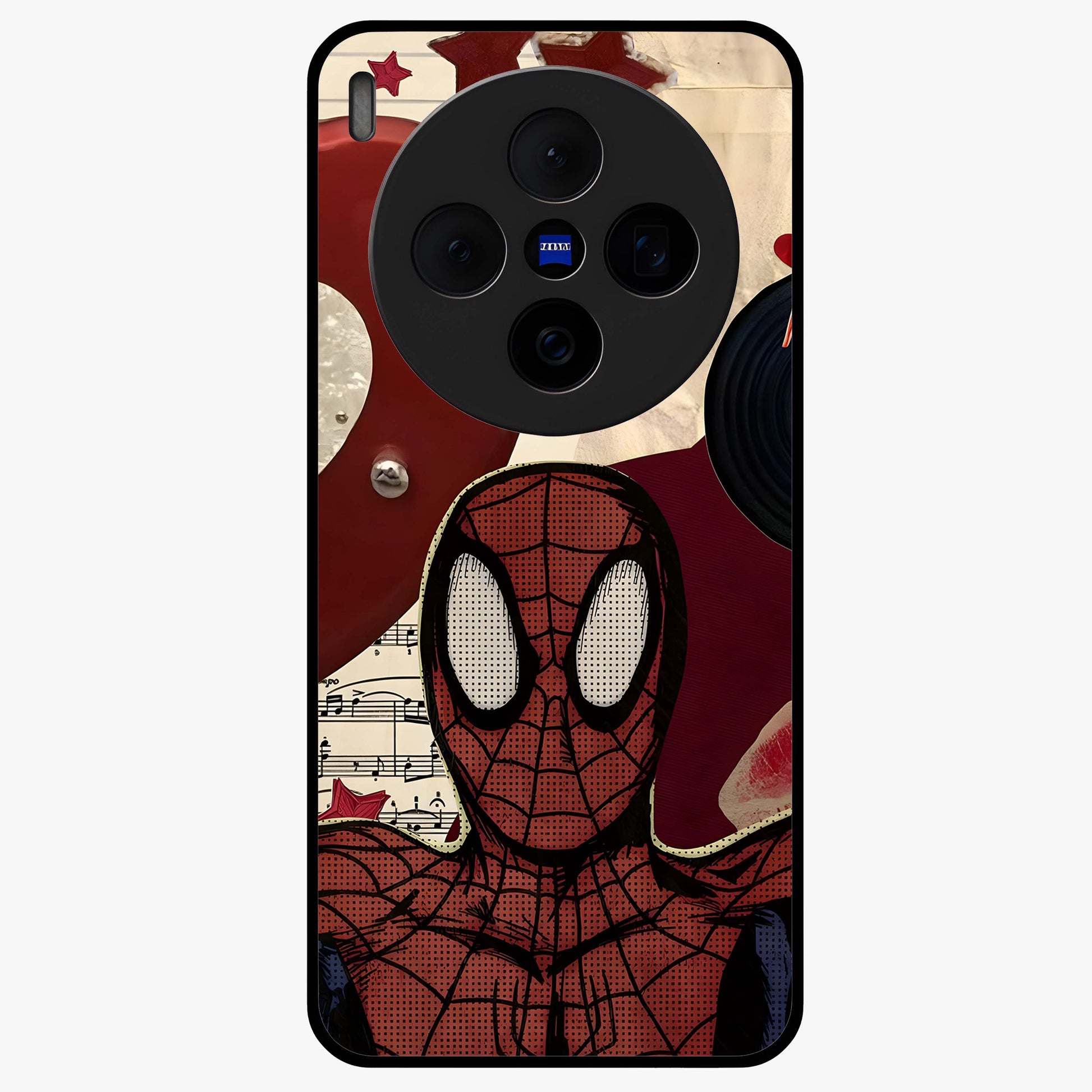 Web Warrior Vibes Glass Case showing flat back view with superhero inspired web themed artwork and glossy glass finish.
