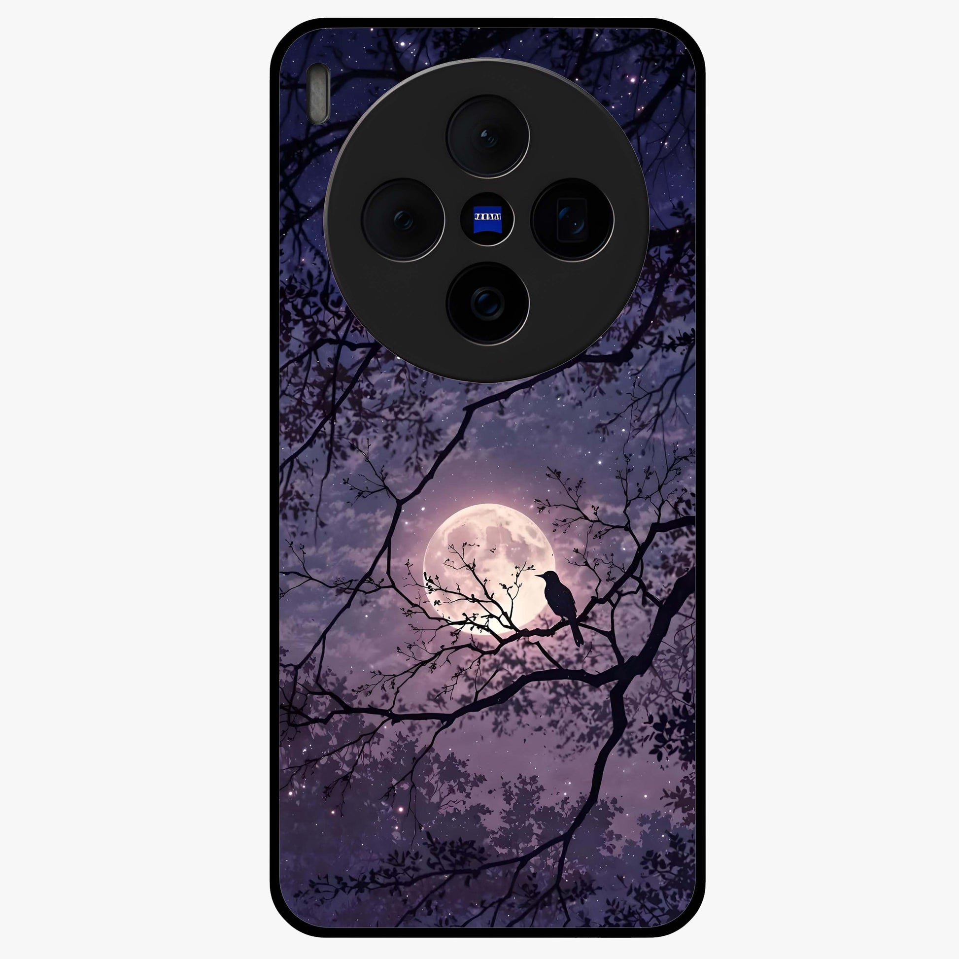 Whispering Moon Silence Glass Case showing flat back view with serene moon themed artwork and glossy glass finish.