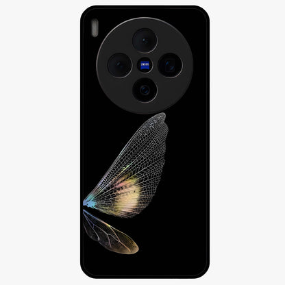 Whispers Of Wings Glass Case showing flat back view with graceful wing inspired artwork and glossy glass finish.