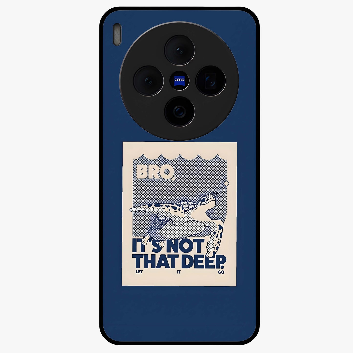 Worry Less Swim Glass Case showing flat back view with playful motivational artwork and glossy glass finish.