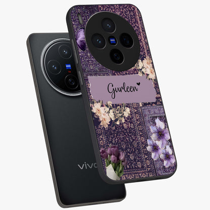 Antique Floral Whisper Custom Name Glass Case displayed in angled mockup highlighting elegant antique floral aesthetic.