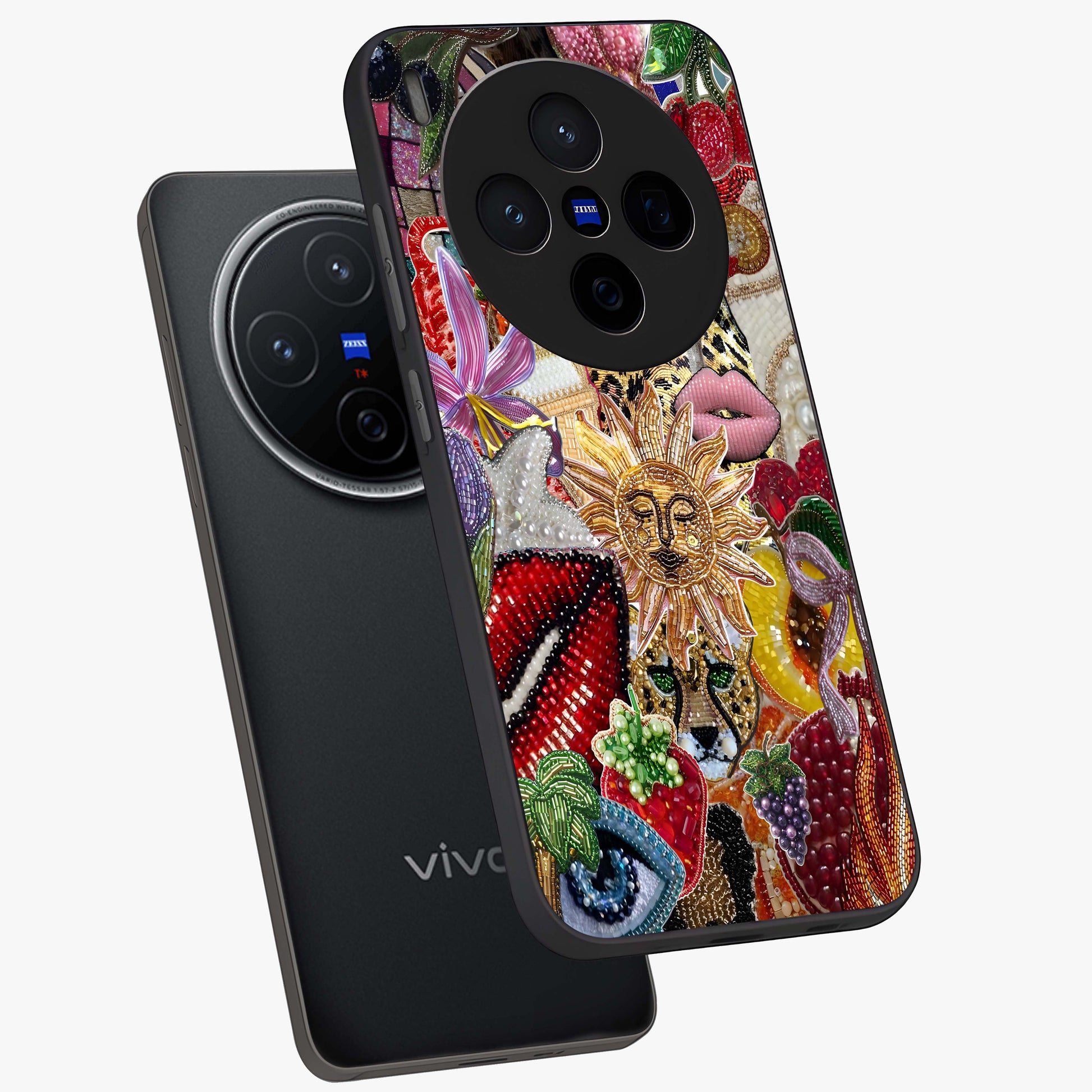 Beaded Fashion Jungle Glass Case displayed in angled mockup highlighting colorful fashion bead design and artistic pattern.