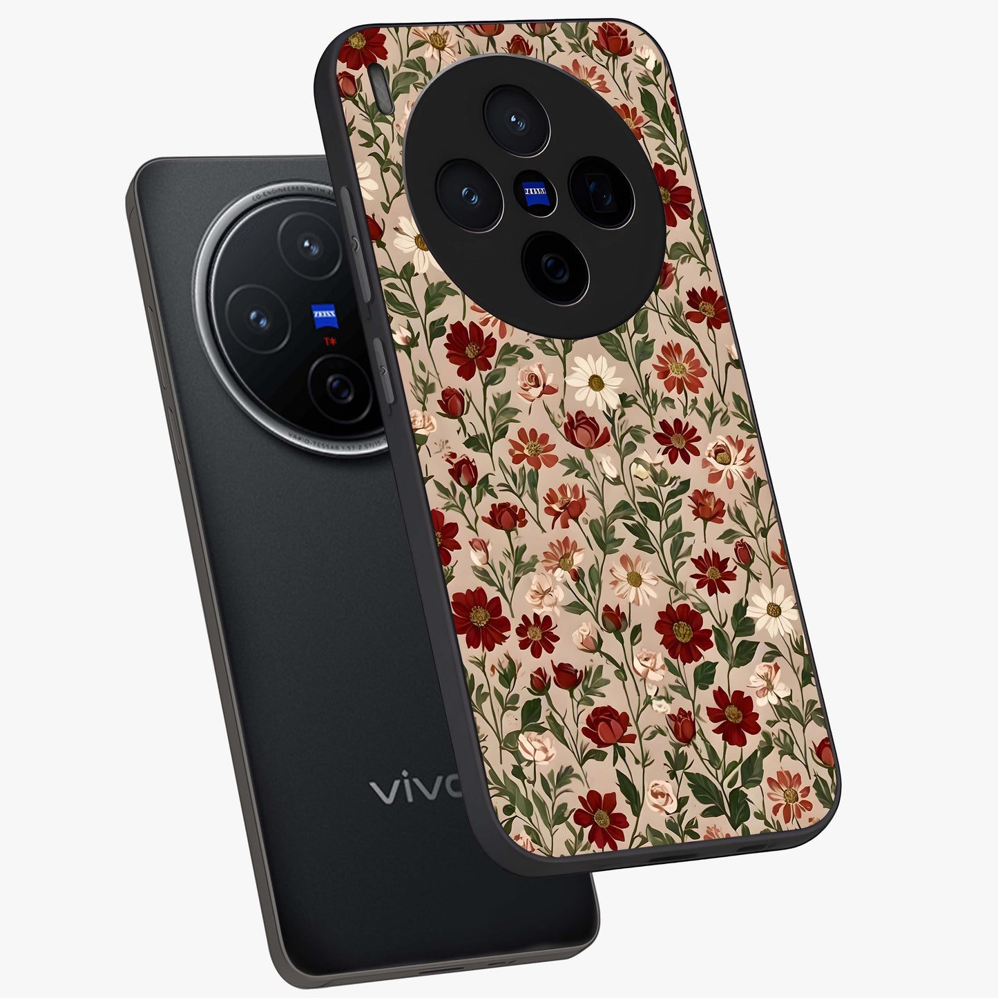 Biege Flower With Leaf Glass Case displayed in angled mockup highlighting minimal floral leaf design and elegant aesthetic.