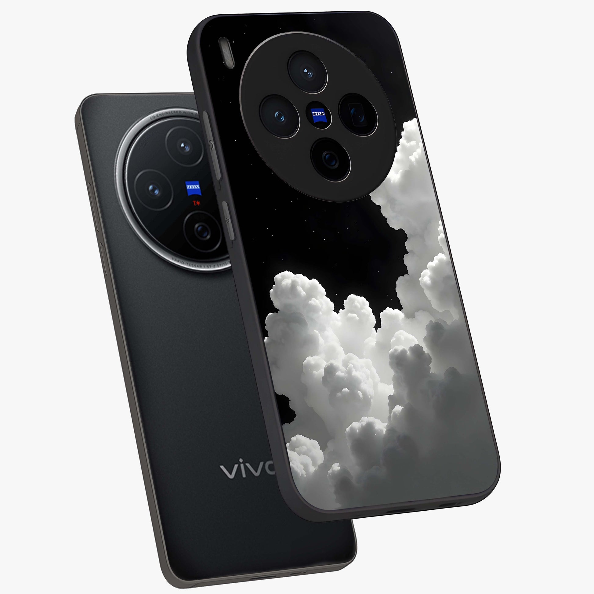 Black Background With White Cloud Glass Case displayed in angled mockup highlighting soft white cloud illustration and minimal design.