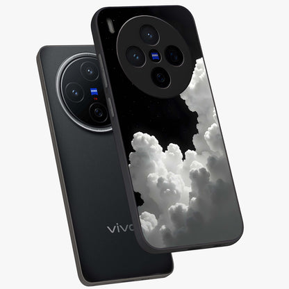 Black Background With White Cloud Glass Case displayed in angled mockup highlighting soft white cloud illustration and minimal design.