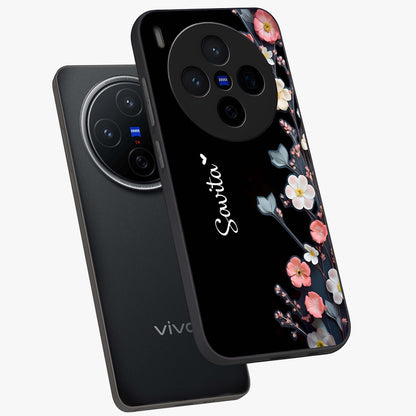 Black Elegance Floral Custom Name Glass Case displayed in angled mockup highlighting dark floral aesthetic and custom name feature.
