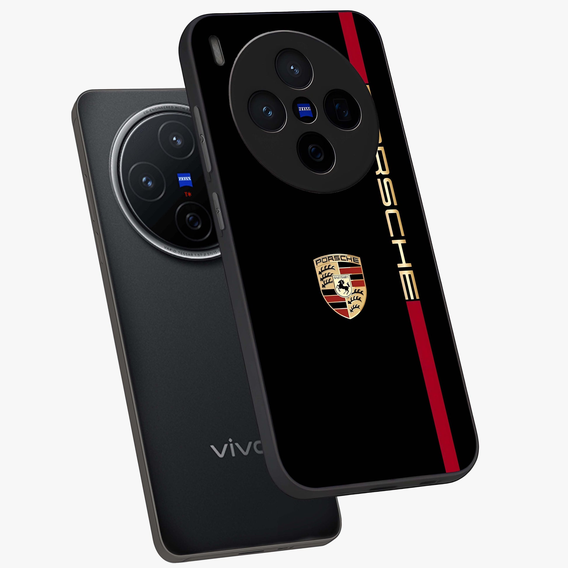 Black Minimal Porsche Glass Case displayed in angled mockup highlighting modern minimal car illustration and clean aesthetic design.