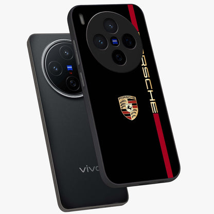 Black Minimal Porsche Glass Case displayed in angled mockup highlighting modern minimal car illustration and clean aesthetic design.