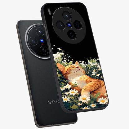 Blissful Bloom Cat Glass Case displayed in angled mockup highlighting playful feline illustration with soft floral aesthetic.