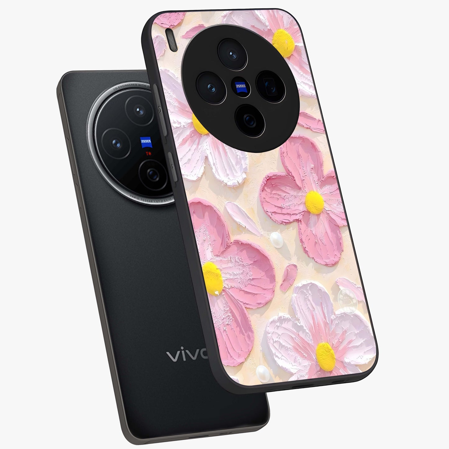 Blush Bloom Texture Glass Case displayed in angled mockup highlighting subtle bloom pattern with aesthetic pastel design.