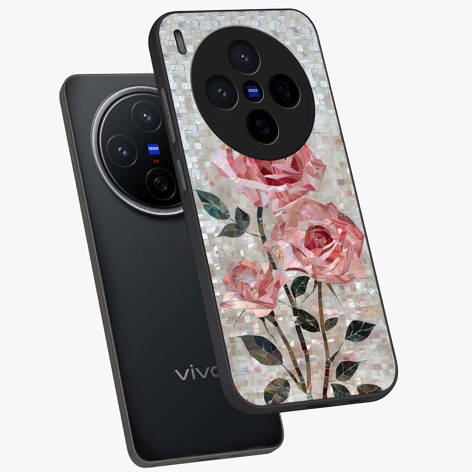 Blush Mosaic Bloom Glass Case displayed in angled mockup highlighting artistic mosaic flower pattern with aesthetic design.