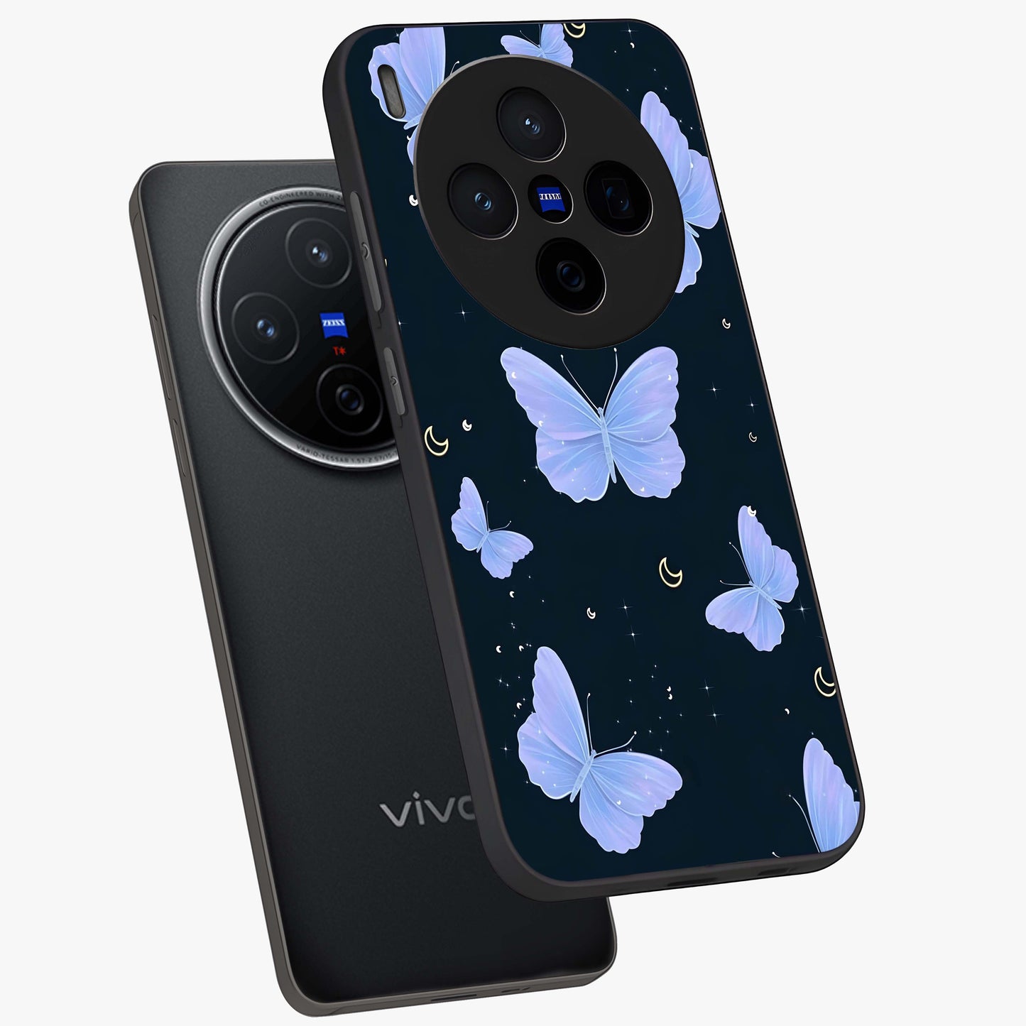 Butterfly With Stars Pattern Glass Case displayed in angled mockup highlighting dreamy butterfly and star design with aesthetic theme.