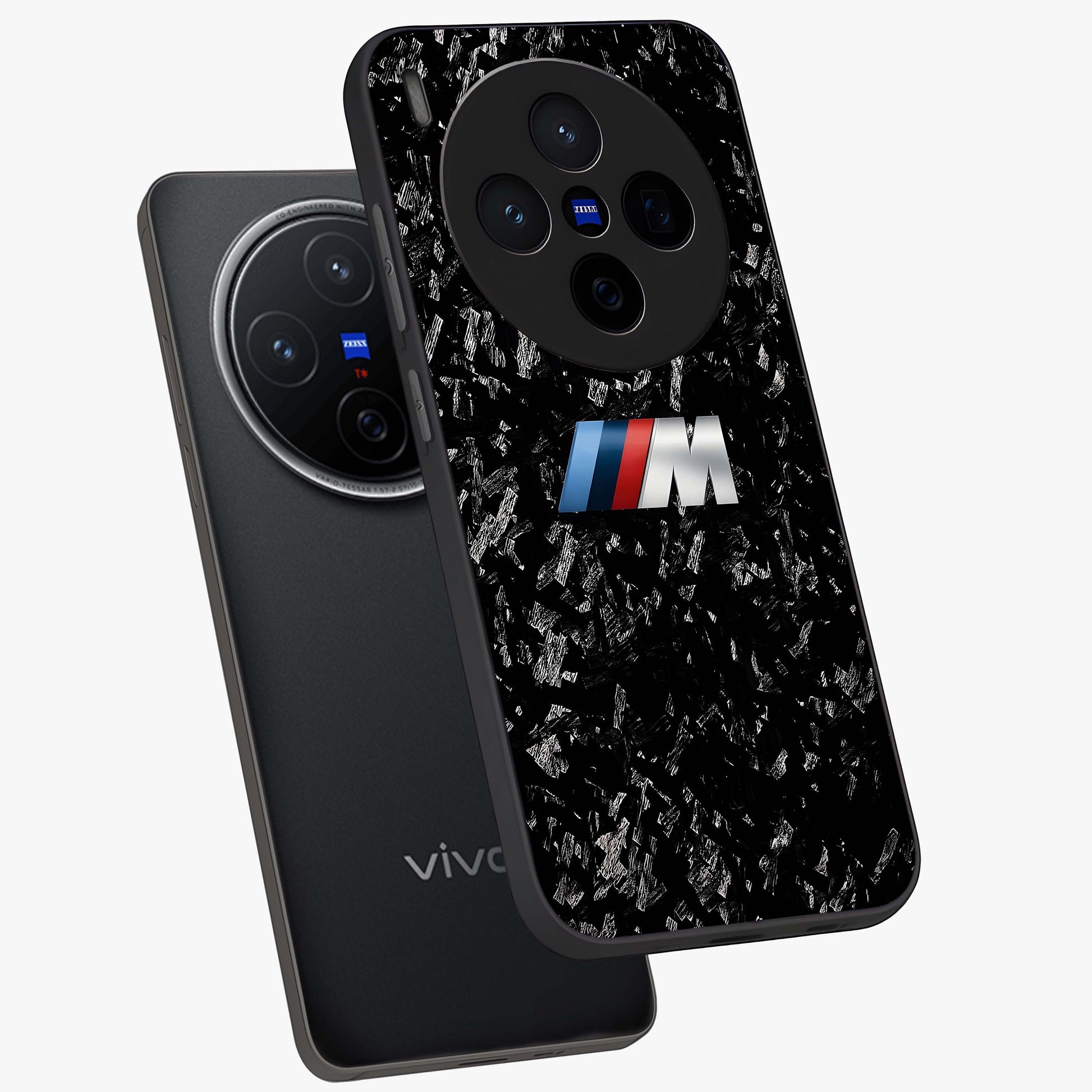Carbon Speed Mark Glass Case displayed in angled mockup highlighting racing inspired carbon design and sleek aesthetic style.