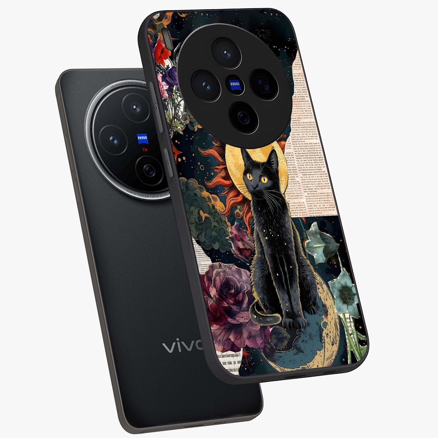 Celestial Black Cat Glass Case displayed in angled mockup highlighting cosmic black cat design with celestial aesthetic.