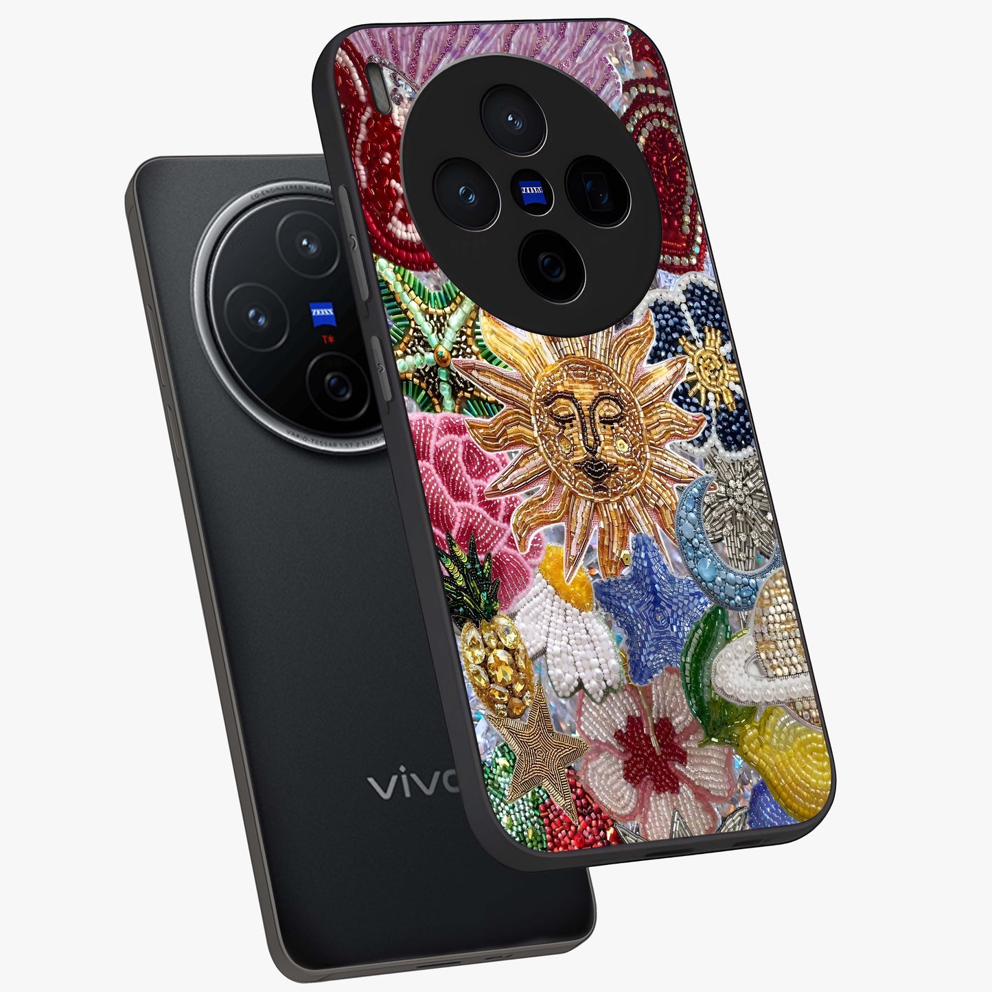 Celestial Floral and Playful Glass Case displayed in angled mockup highlighting playful floral design with dreamy celestial elements.