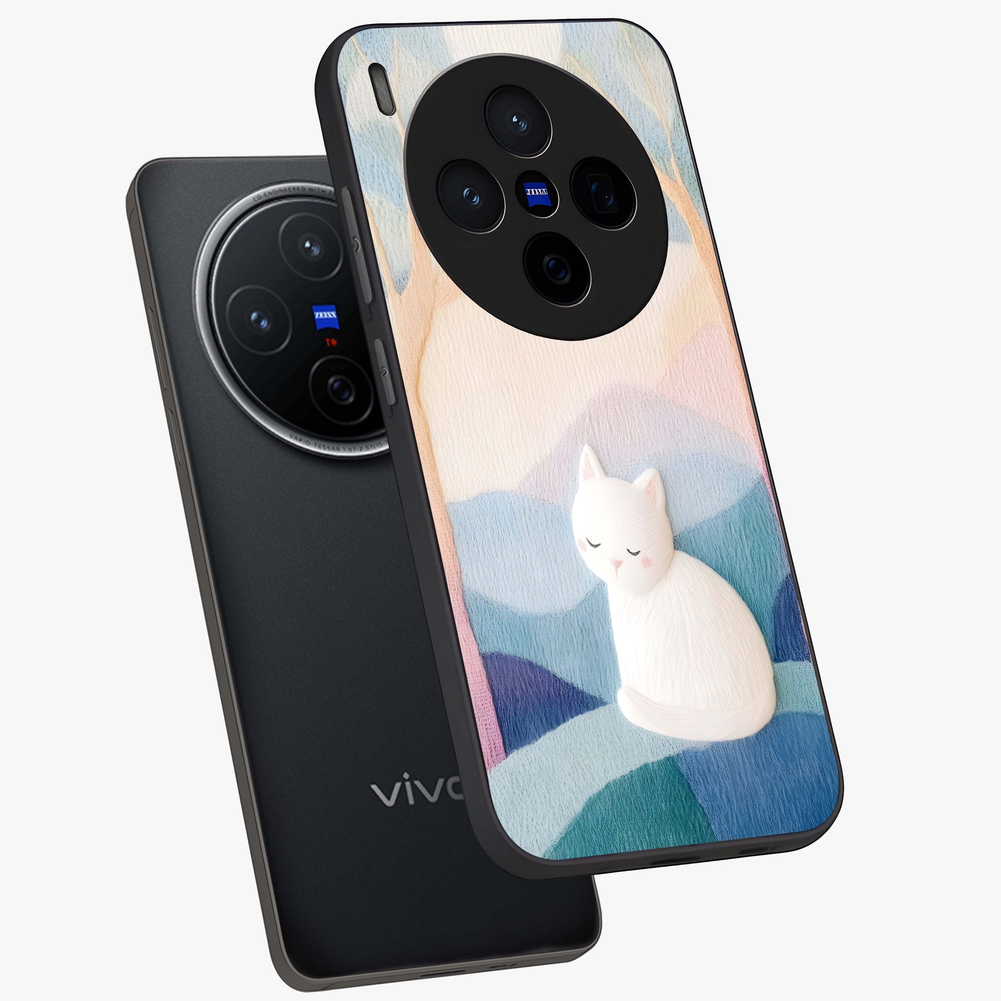 Cotton Dream Cat Glass Case displayed in angled mockup highlighting cute feline illustration with pastel aesthetic style.