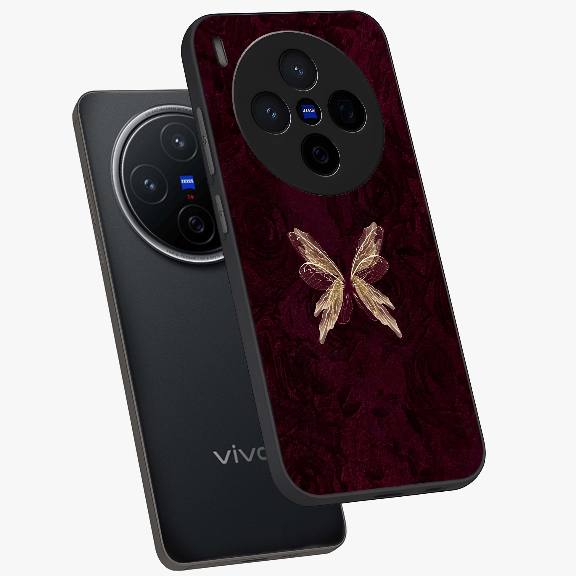 Crimson Fade Butterfly Glass Case displayed in angled mockup highlighting elegant butterfly design with crimson gradient aesthetic.