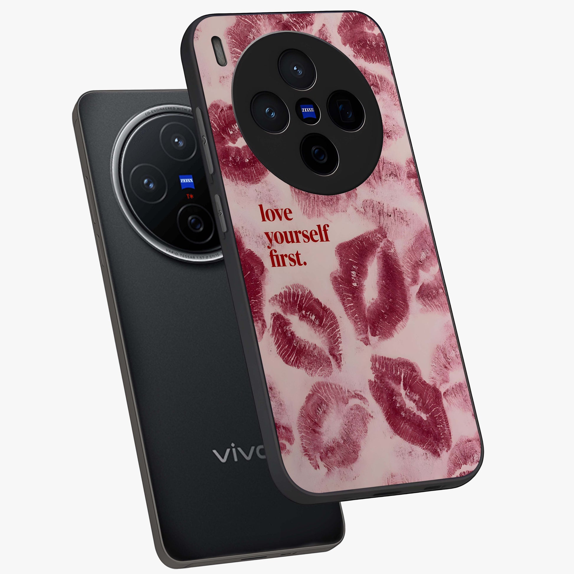 Crimson Kiss Love Glass Case displayed in angled mockup highlighting bold love inspired design with modern aesthetic style.