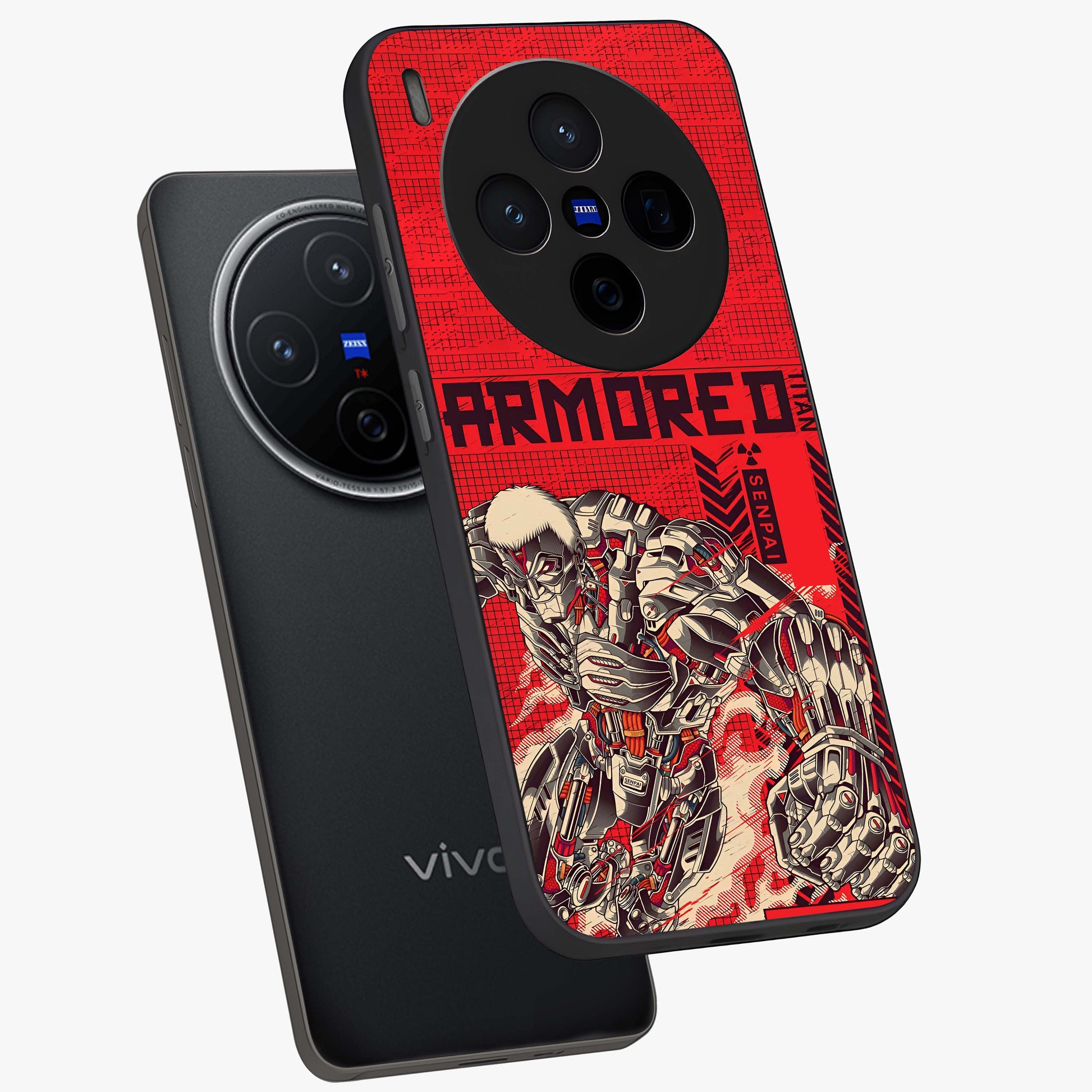 Crimson Mecha Titan Glass Case displayed in angled mockup highlighting futuristic mech illustration with bold crimson aesthetic.